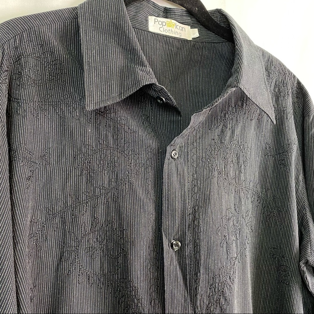 Pop Icon Black Pinstripe Floral Embroidery Shirt L